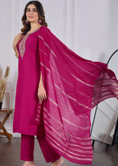 Suhana Magenta Pink Gold Zari Embroidered Kurta Set