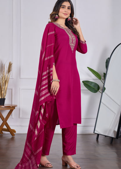 Suhana Magenta Pink Gold Zari Embroidered Kurta Set