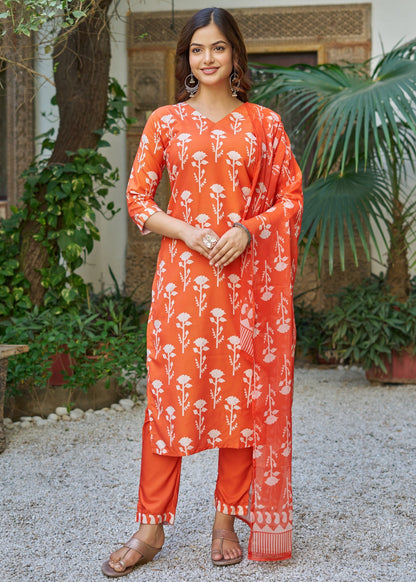 Bagicha Tangerine Orange Ivory Floral Print Kurta Set