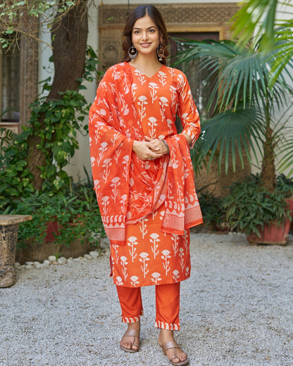 Bagicha Tangerine Orange Ivory Floral Print Kurta Set