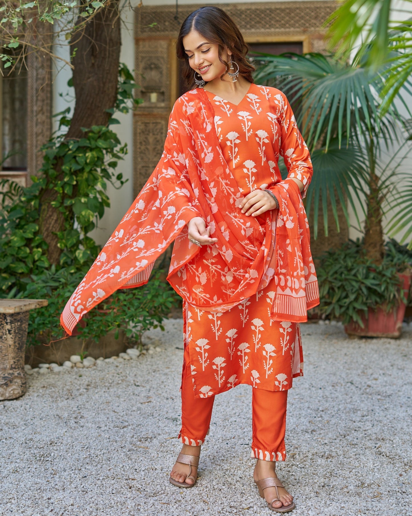 Bagicha Tangerine Orange Ivory Floral Print Kurta Set