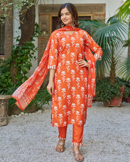 Bagicha Tangerine Orange Ivory Floral Print Kurta Set