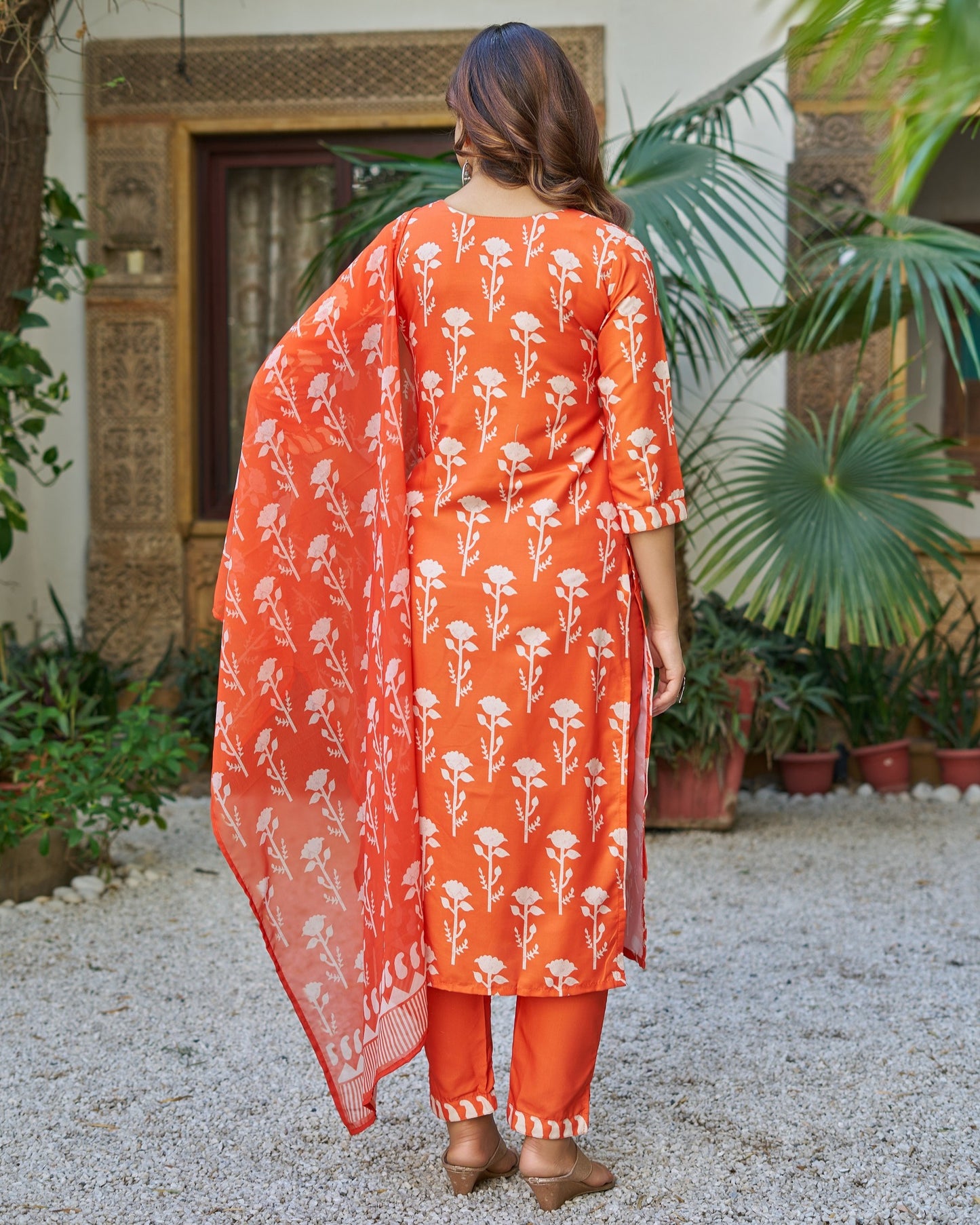 Bagicha Tangerine Orange Ivory Floral Print Kurta Set