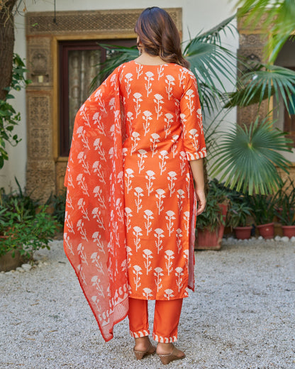 Bagicha Tangerine Orange Ivory Floral Print Kurta Set