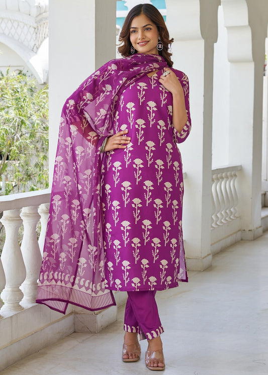 Bagicha Wine Purple Ivory Floral Print Kurta Set