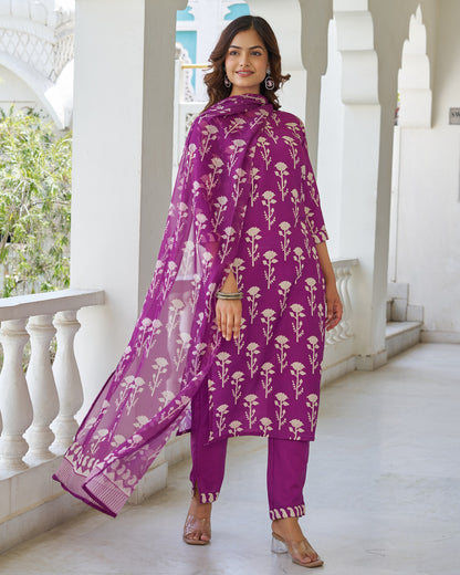 Bagicha Wine Purple Ivory Floral Print Kurta Set