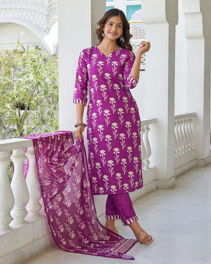 Bagicha Wine Purple Ivory Floral Print Kurta Set