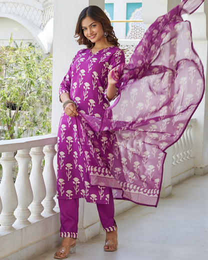 Bagicha Wine Purple Ivory Floral Print Kurta Set