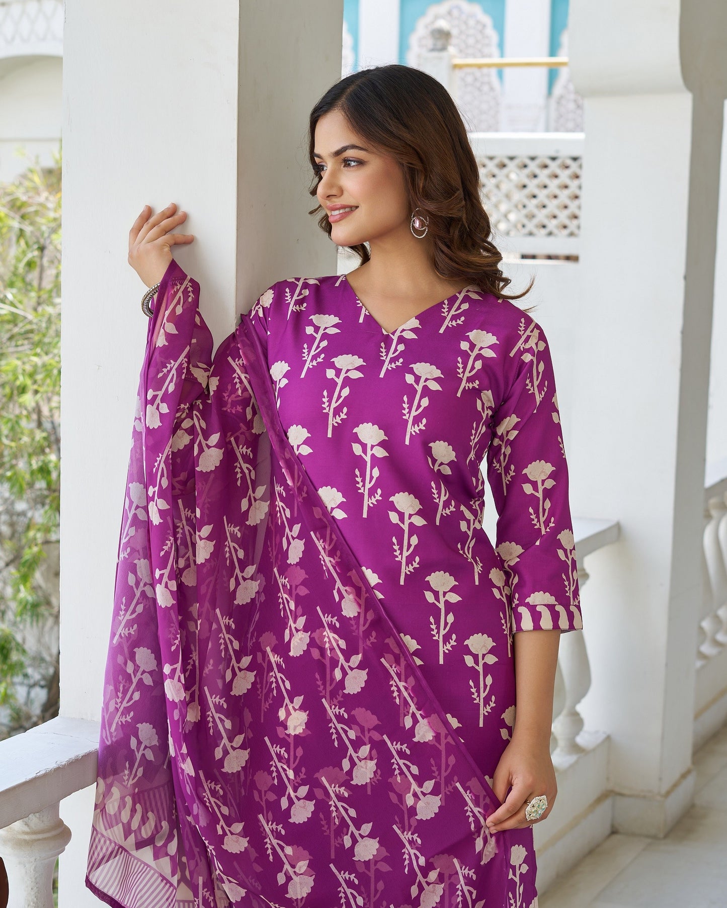 Bagicha Wine Purple Ivory Floral Print Kurta Set