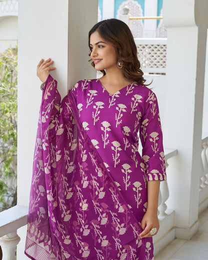 Bagicha Wine Purple Ivory Floral Print Kurta Set