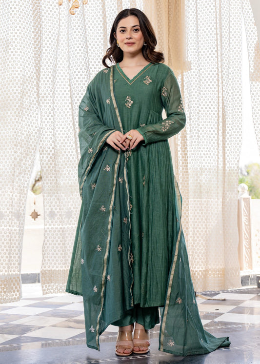 Aranya Teal Green Gold Floral Embroidered Suit Set