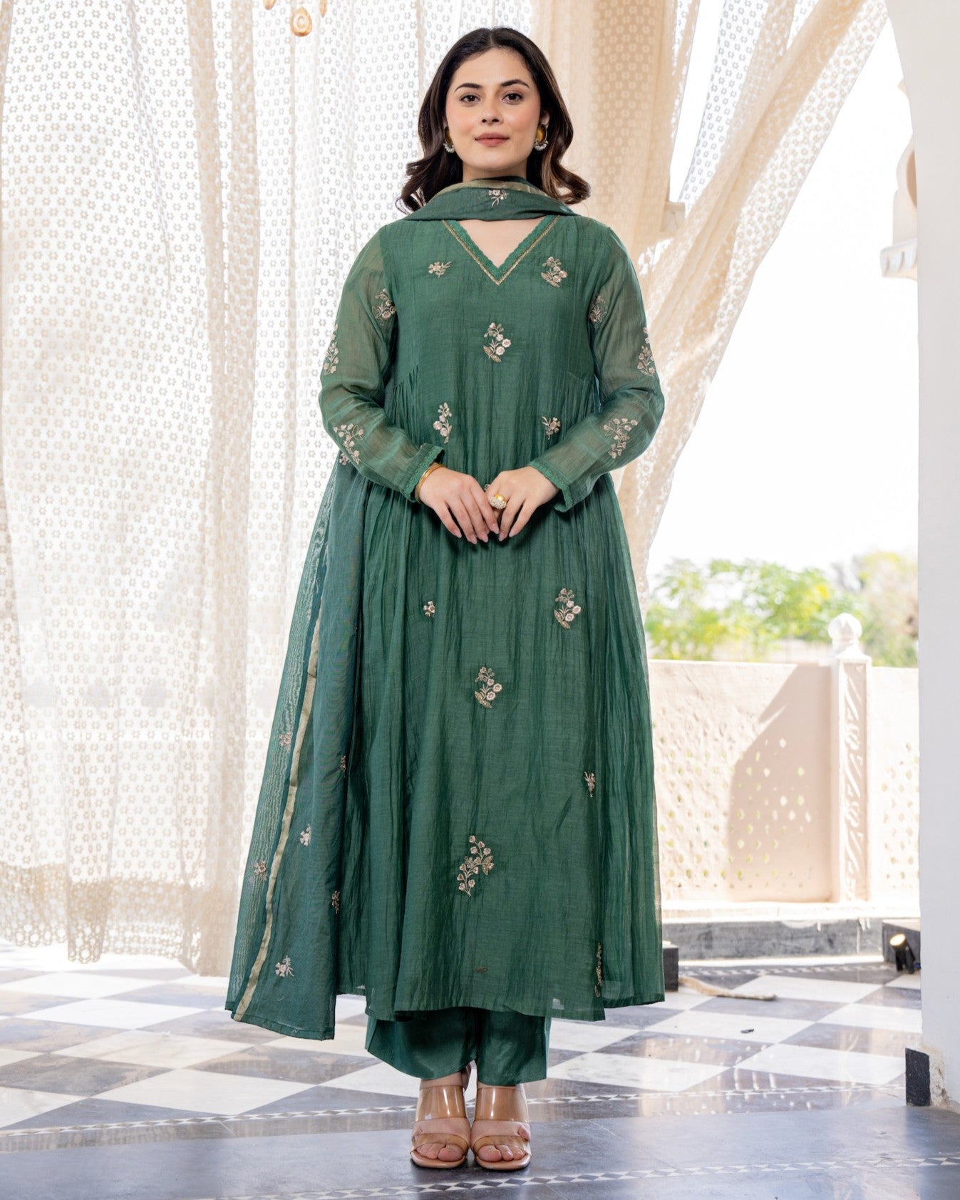 Aranya Teal Green Gold Floral Embroidered Suit Set