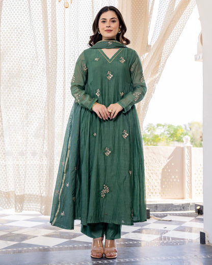 Aranya Teal Green Gold Floral Embroidered Suit Set