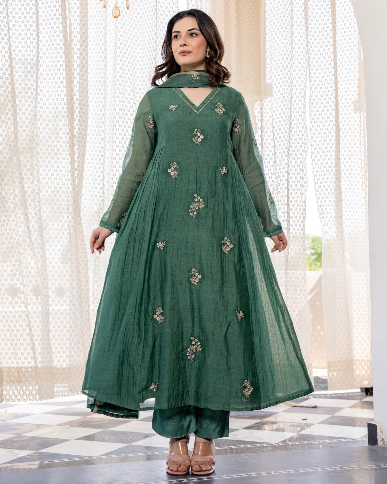 Aranya Teal Green Gold Floral Embroidered Suit Set