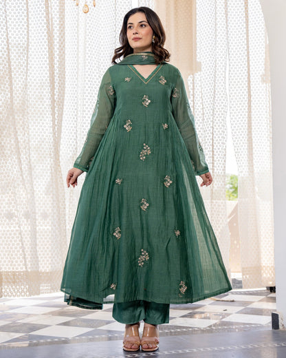Aranya Teal Green Gold Floral Embroidered Suit Set