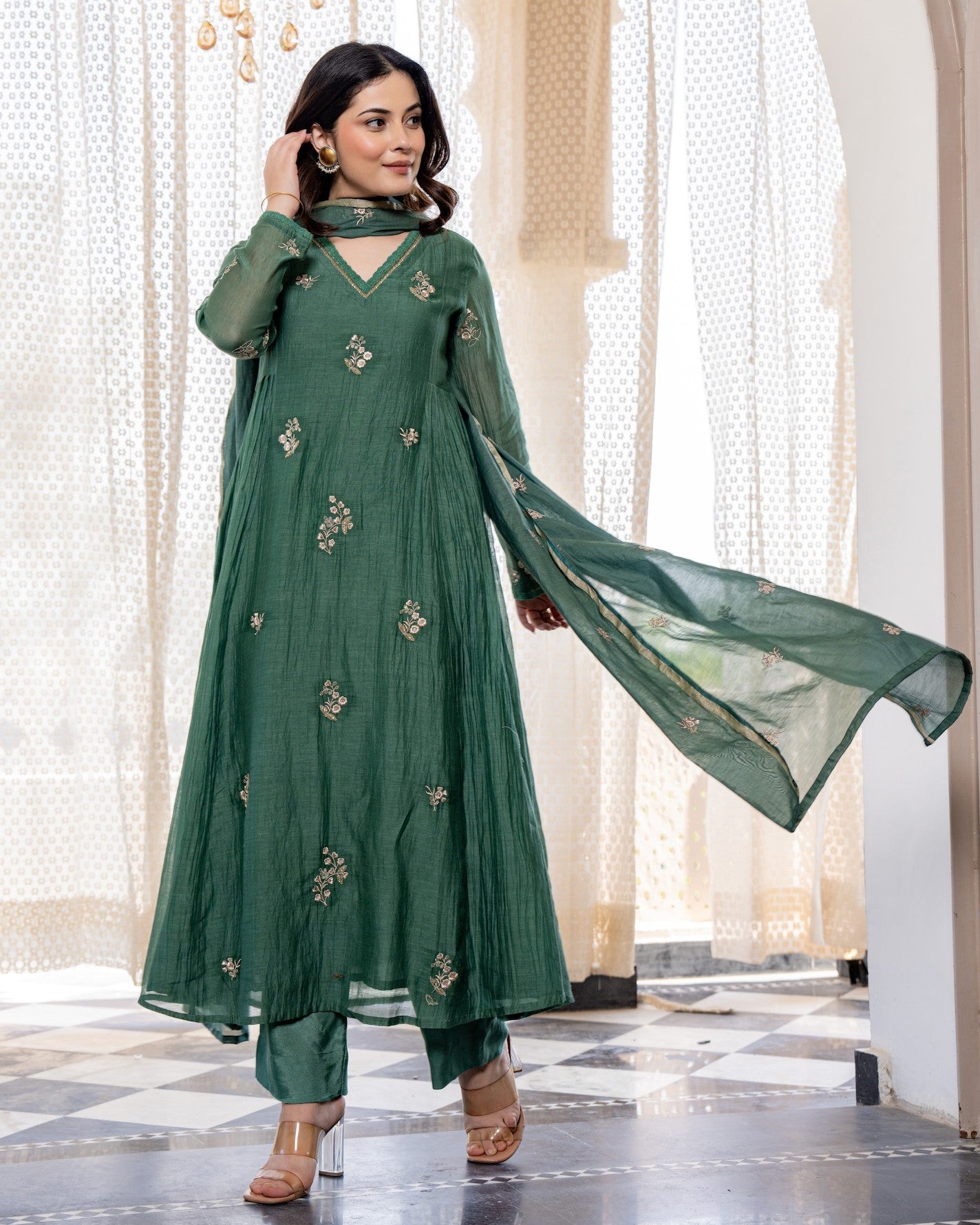 Aranya Teal Green Gold Floral Embroidered Suit Set