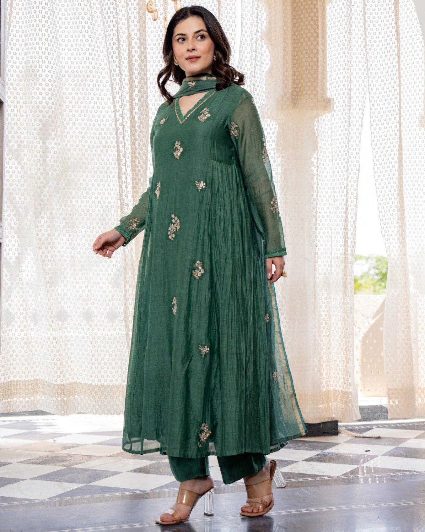 Aranya Teal Green Gold Floral Embroidered Suit Set