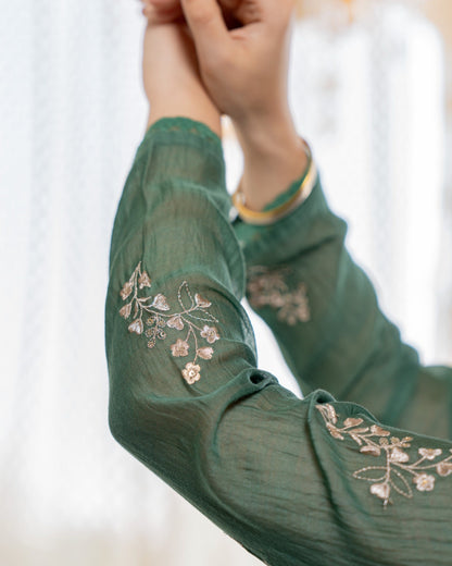 Aranya Teal Green Gold Floral Embroidered Suit Set