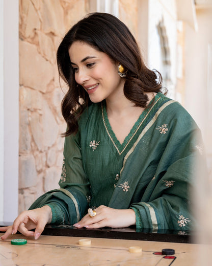 Aranya Teal Green Gold Floral Embroidered Suit Set
