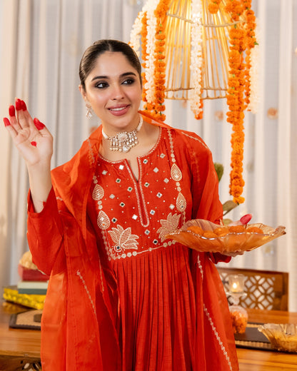 Laali Brick Red Mirror and Lotus Embroidered Suit Set