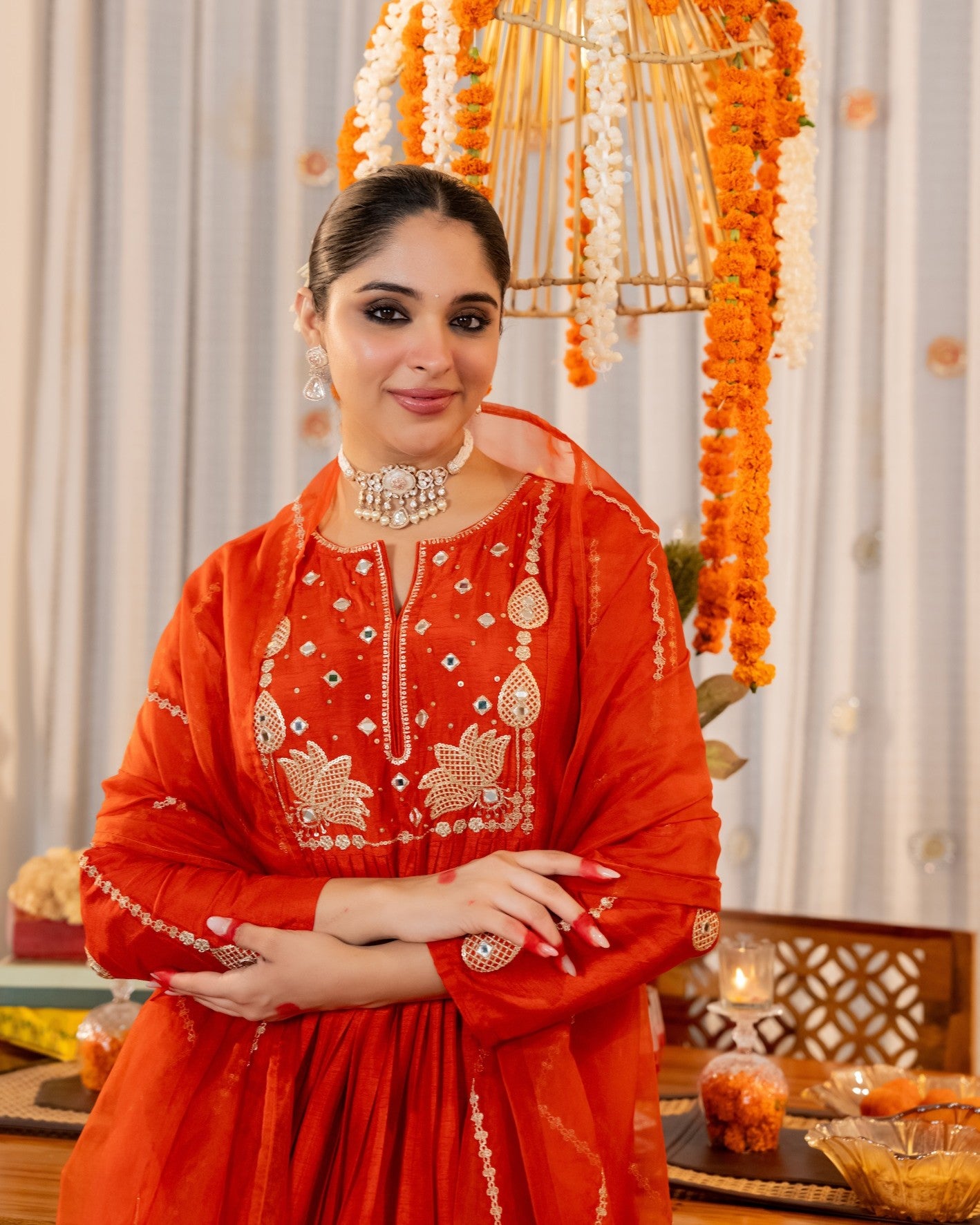 Laali Brick Red Mirror and Lotus Embroidered Suit Set