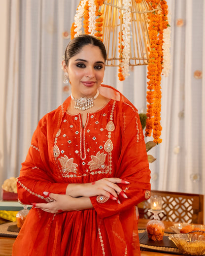 Laali Brick Red Mirror and Lotus Embroidered Suit Set
