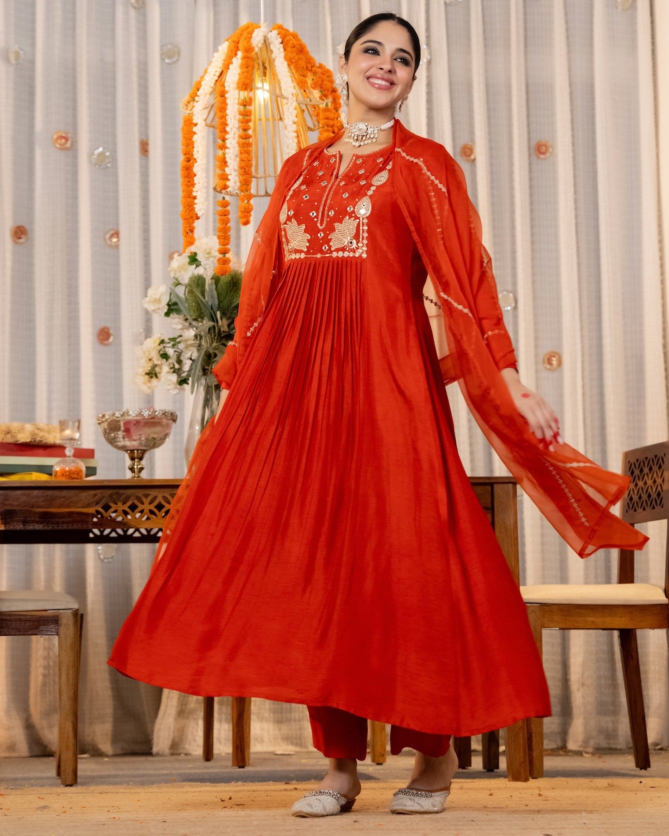 Laali Brick Red Mirror and Lotus Embroidered Suit Set