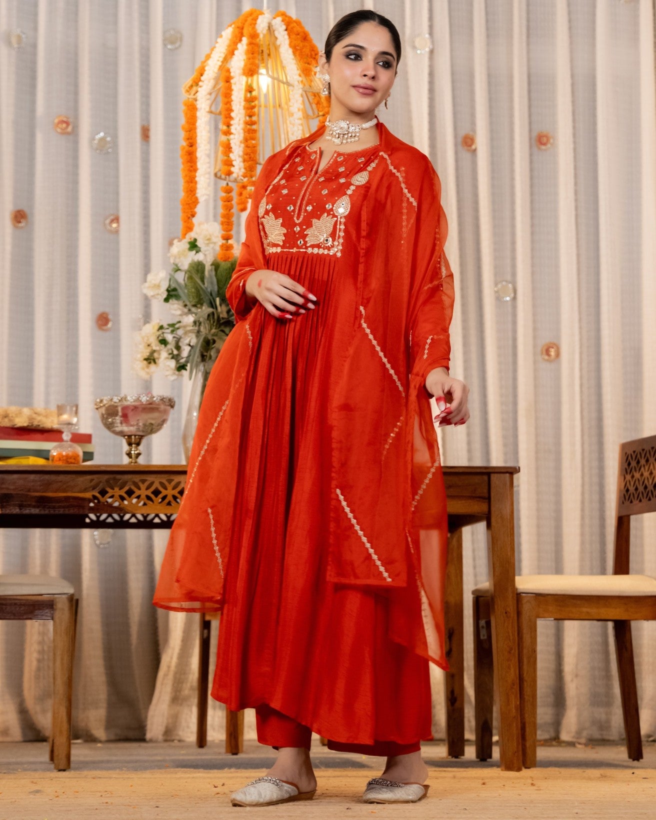 Laali Brick Red Mirror and Lotus Embroidered Suit Set