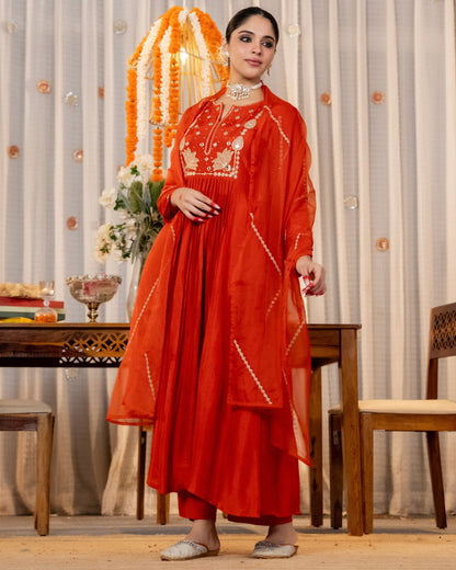 Laali Brick Red Mirror and Lotus Embroidered Suit Set