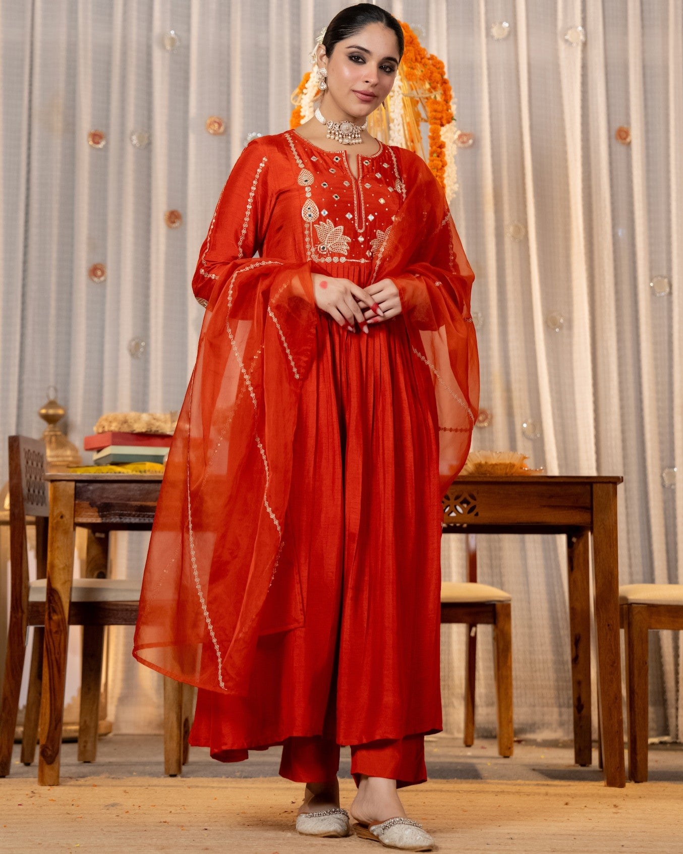 Laali Brick Red Mirror and Lotus Embroidered Suit Set