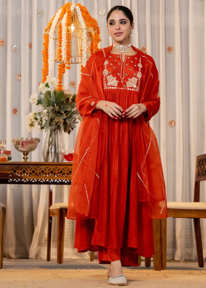 Laali Brick Red Mirror and Lotus Embroidered Suit Set