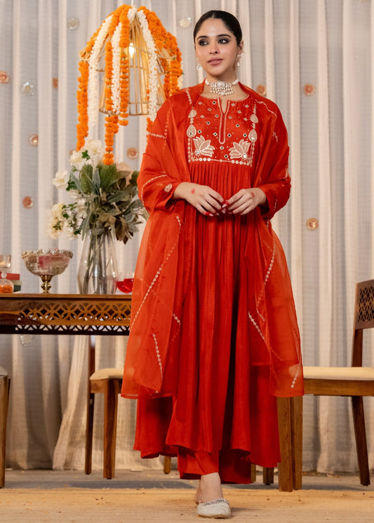 Laali Brick Red Mirror and Lotus Embroidered Suit Set