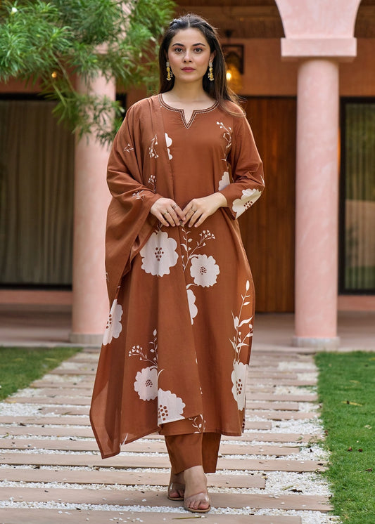 Mitti Rust Brown Ivory Bold Floral Print Kurta Set