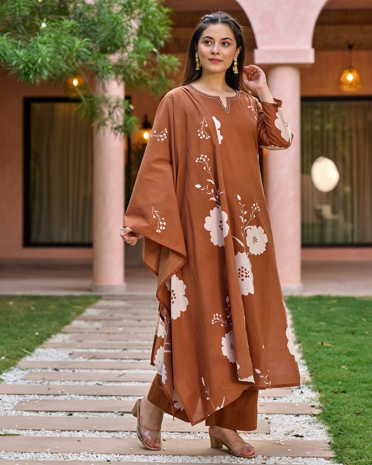 Mitti Rust Brown Ivory Bold Floral Print Kurta Set