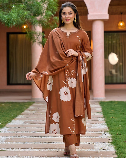 Mitti Rust Brown Ivory Bold Floral Print Kurta Set