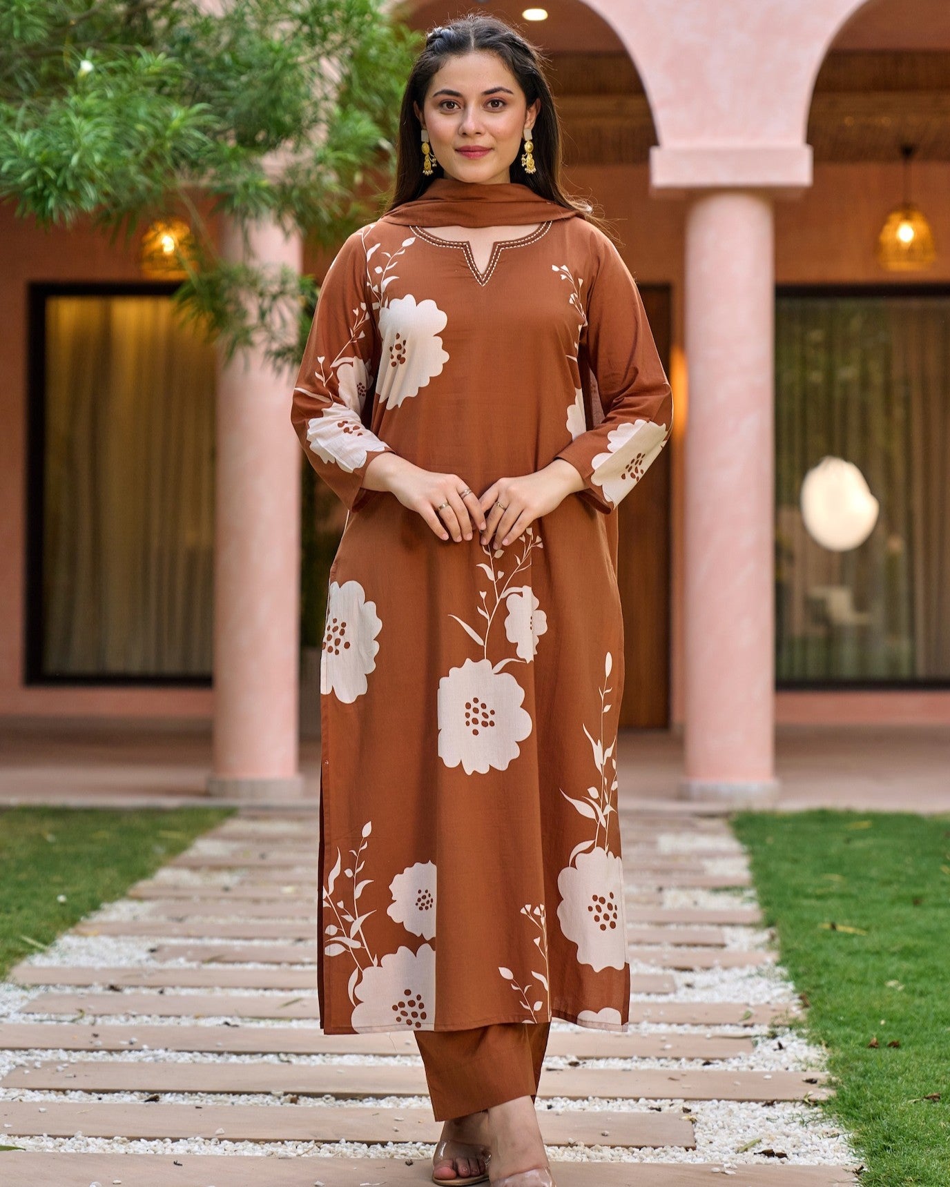 Mitti Rust Brown Ivory Bold Floral Print Kurta Set