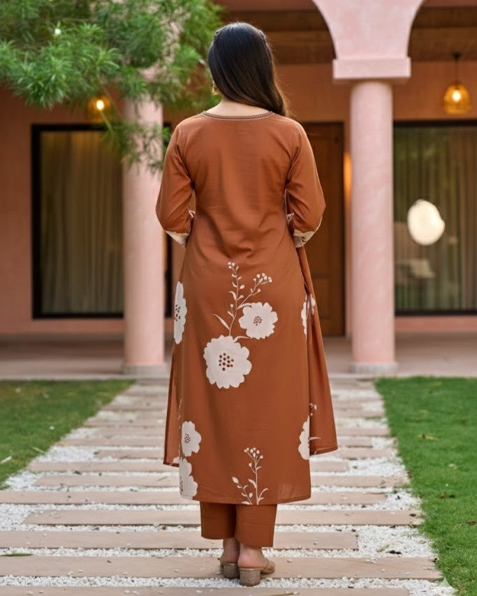 Mitti Rust Brown Ivory Bold Floral Print Kurta Set