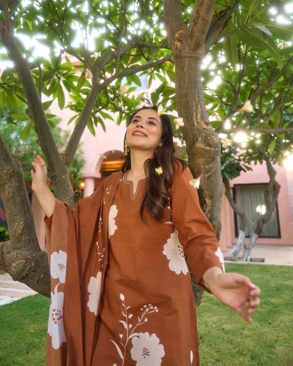 Mitti Rust Brown Ivory Bold Floral Print Kurta Set