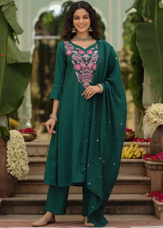 Vanya Emerald Green Pink Resham Floral Embroidered Kurta Set
