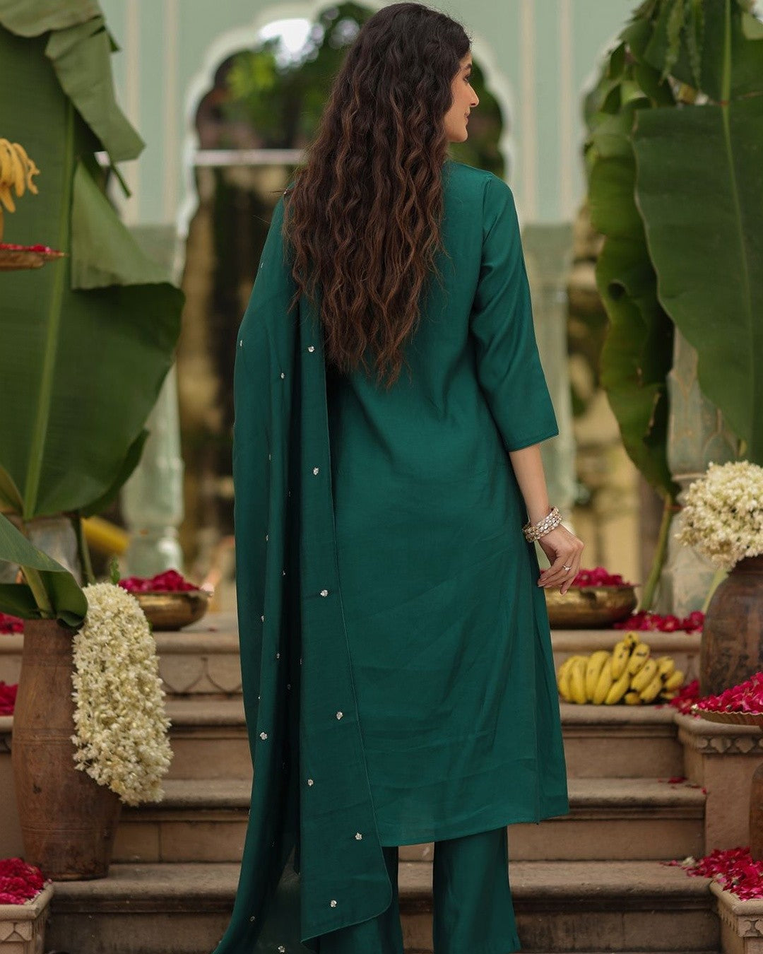 Vanya Emerald Green Pink Resham Floral Embroidered Kurta Set
