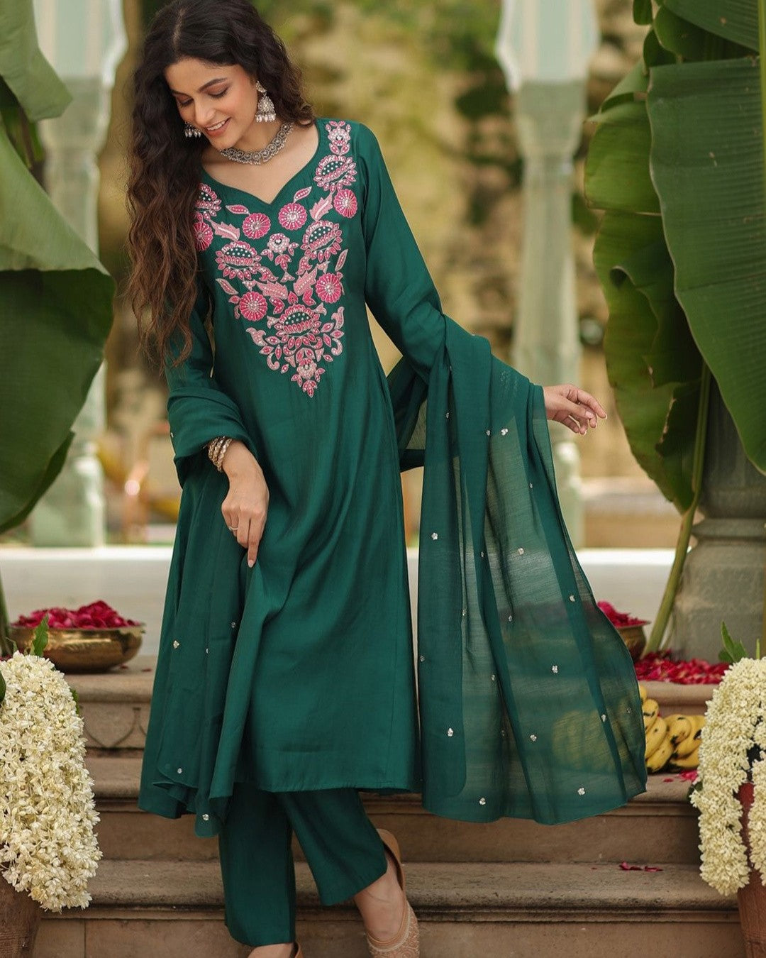 Vanya Emerald Green Pink Resham Floral Embroidered Kurta Set
