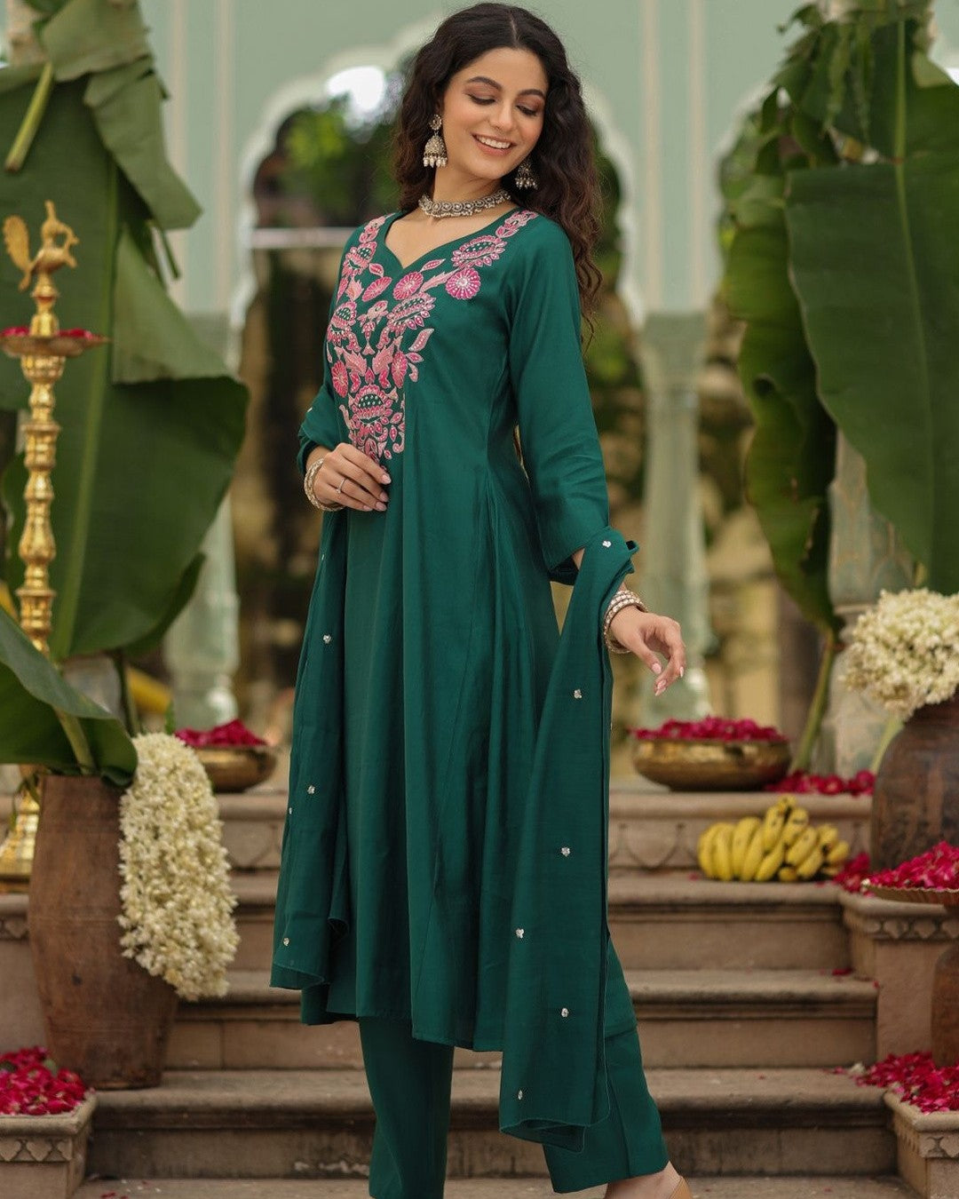 Vanya Emerald Green Pink Resham Floral Embroidered Kurta Set