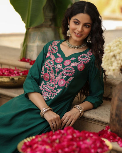 Vanya Emerald Green Pink Resham Floral Embroidered Kurta Set