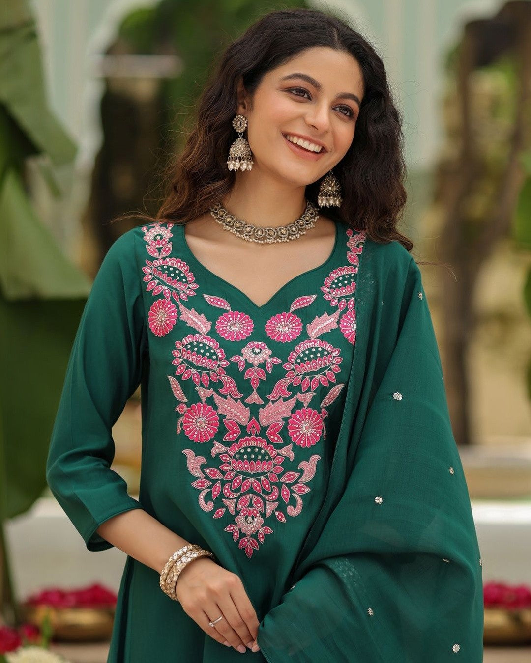 Vanya Emerald Green Pink Resham Floral Embroidered Kurta Set