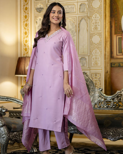 Madhuri Lilac Pink Silver Buti Embroidered Kurta Set