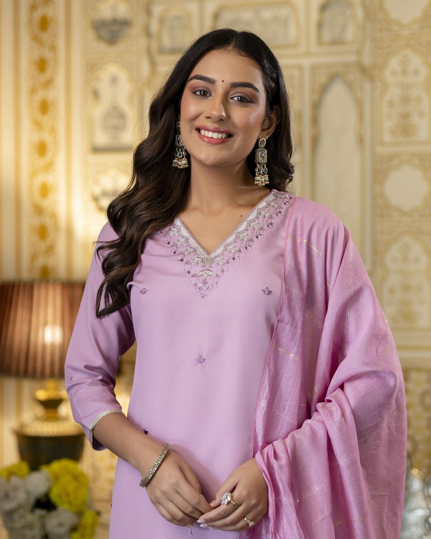 Madhuri Lilac Pink Silver Buti Embroidered Kurta Set