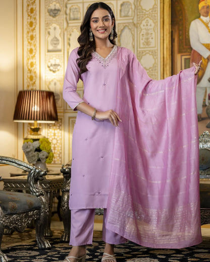 Madhuri Lilac Pink Silver Buti Embroidered Kurta Set