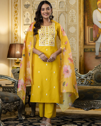 Basanti Sunshine Yellow Embroidery Kurta Set