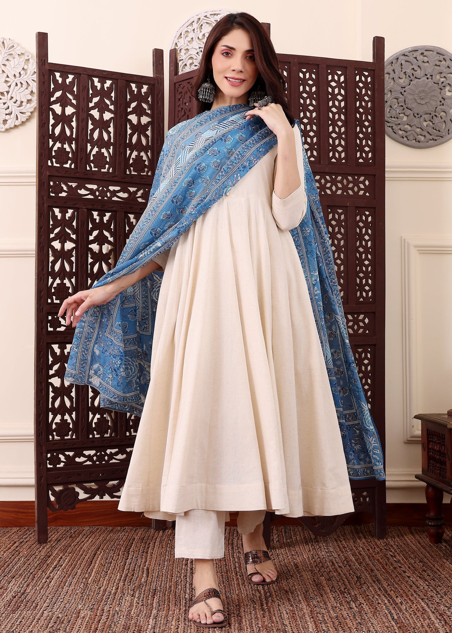 Saadhvi Ivory Plain Flared Suit Set