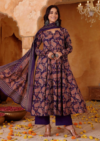 Kashish Deep Purple Allover Paisley Print Rayon Suit Set